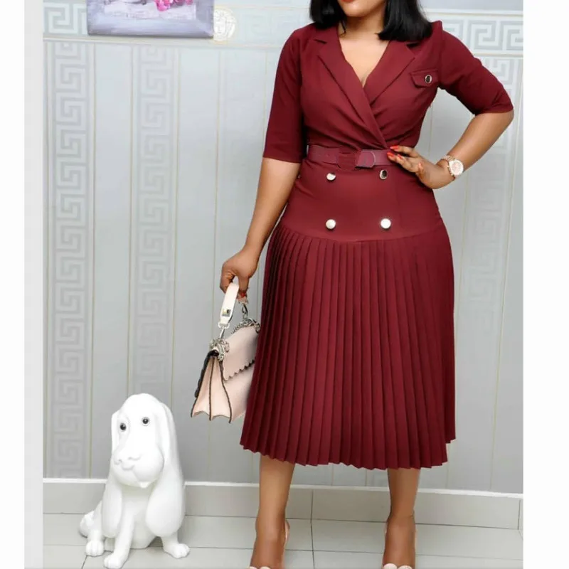 

Vintage Women Dress Elegant Sexy Solid Button Sashes Half Sleeve Mid-calf Pleated Loose High Waist Turn-down Collar Casual Robe