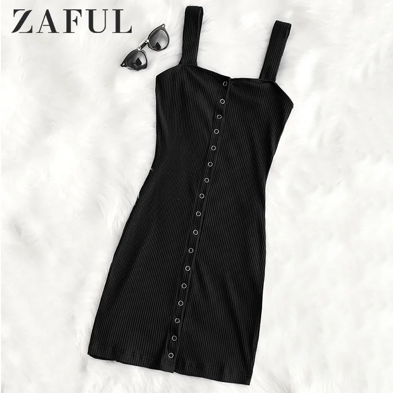 ZAFUL Летние Кнопки Оснастки Bodycon Трикотажное Платье для Женщин Сексуальное В Клуб Вечернее Платье с Квадратным Воротником Мини-Платье без Рукавов Платья