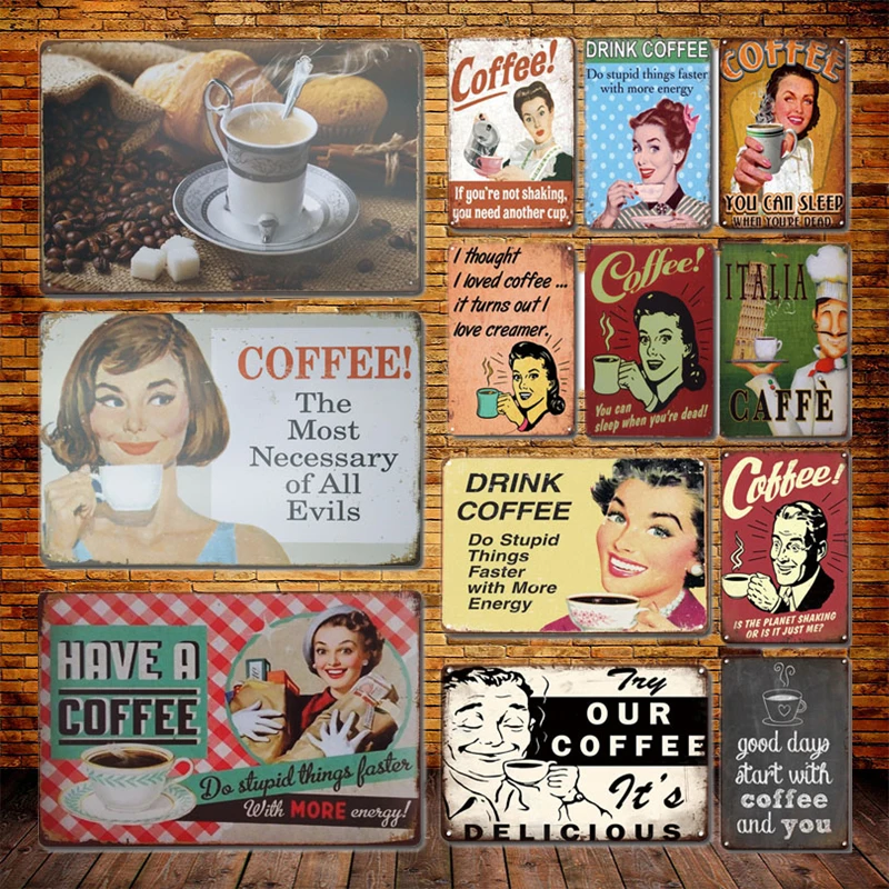 

Retro Coffee Art Wall Stickers Metal Plate Vintage Coffee Metal Poster Tin Sign Shabby Chic Kitchen Home Bar Cafe Decor Plaque