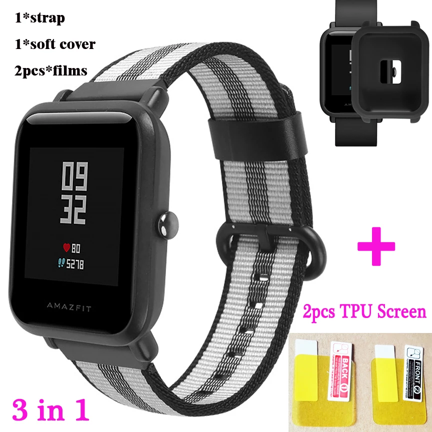YHNUJM Nylon Watch Band+PC Case Cover Screen Protector for Xiaomi Huami Amazfit Youth Bip Strap 20mm Smart Watchband