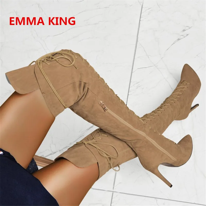 

Brown Lace-Up Pointed Toe Stilettos Thigh High Boots Women Winter Cross Straps High Heels Over Knee Boots Side Zip Knight Boots