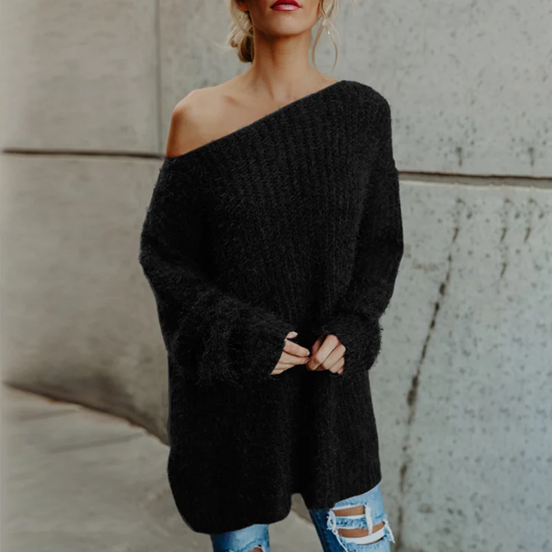 

Newly Women Autumn Winter One Shoulder Sweater Plus Size Loose Fit Plush Pullover Sweater IR-ing