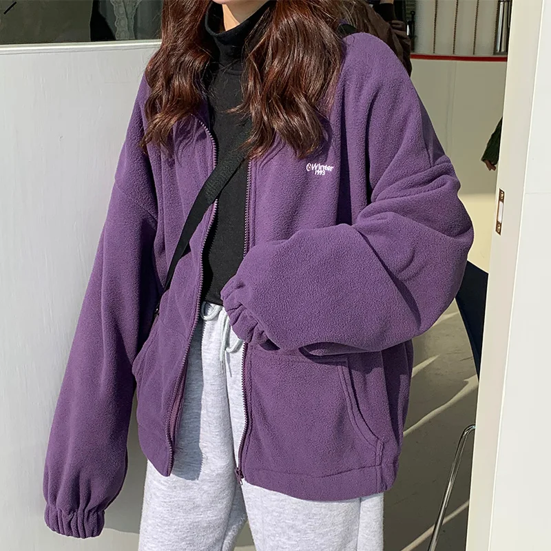 Women Plus Fleece Hoodies Autumn Streetwear Zip-up Oversize Sweatshirt Jacket Trendy Solid Pocket Turn-down Collar Women Outwear