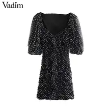 Vadim женское мини-платье в горошек с оборками и квадратным воротником, с рукавом до локтя, на молнии сзади, тянущиеся облегающие Женские Ретро Повседневные платья QC822