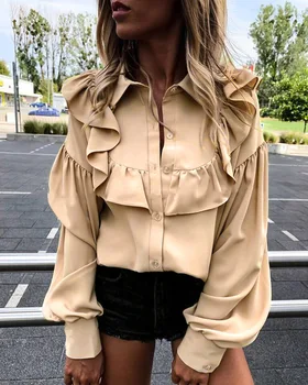 

Fashioh Lantern Long Sleeve Ruffles Blouse Shirts Women Autumn Button Turndown Collar Office Blouse Sexy Loose Shirts Ladies