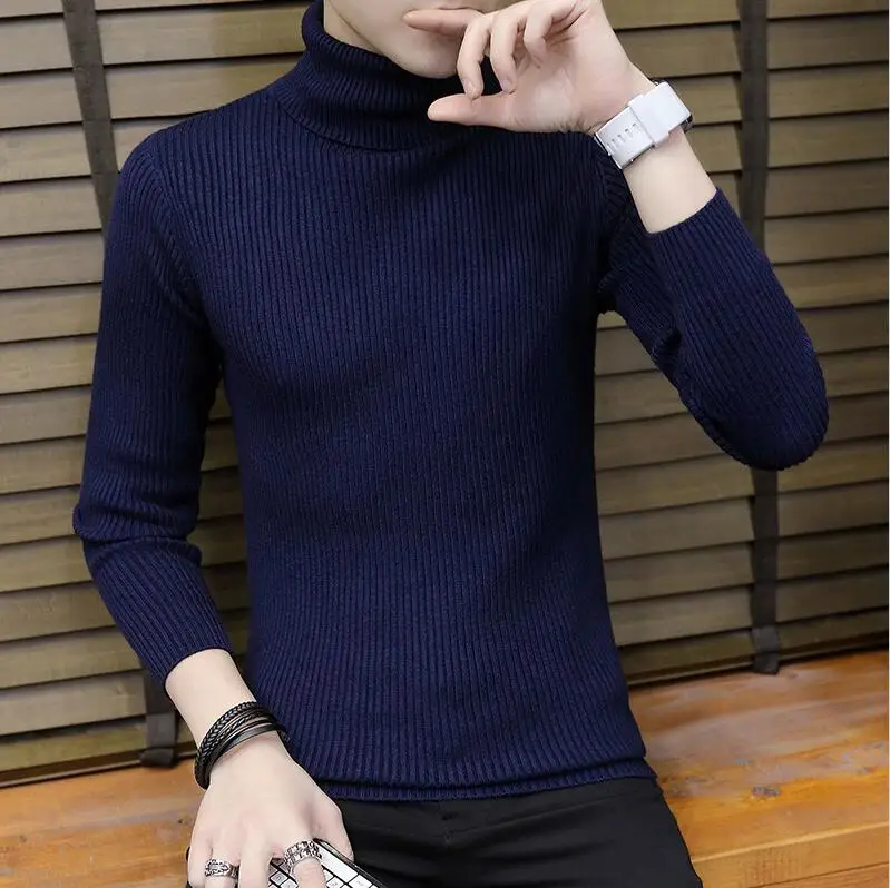 navy blue--style 2 Зимний толстый теплый мужской свитер с высоким воротником, фирменные мужские свитера с высоким воротником, облегающий пуловер, Мужская трикотажная одежда с двойным воротником - Цвет: navy blue--style 2