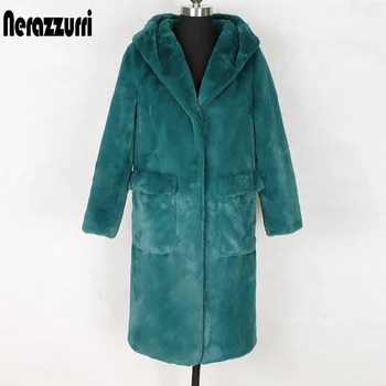 

Nerazzurri Long hooded faux fur coat with pockets soft plus size parka women autumn winter womens fake fur jacket zipper hoodies