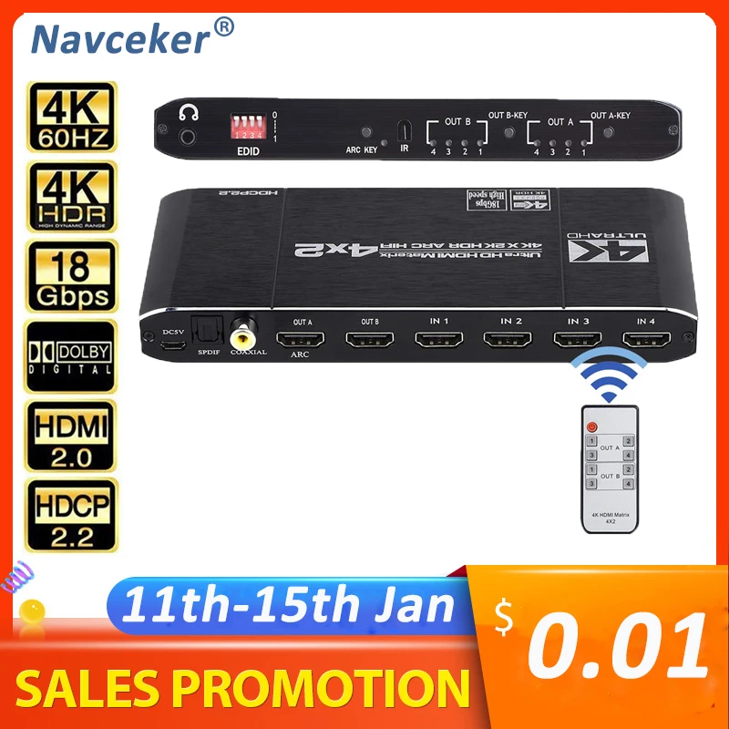 HDMI матрица 2020 4x2 4K @ 60Hz HDR переключатель сплиттер 4 в 2 out YUV 4:4:4 оптический SPDIF + 3 5 мм