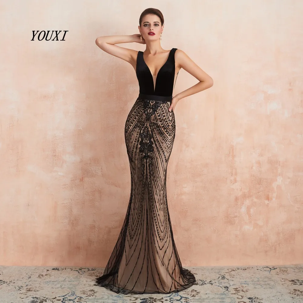 

YOUXI Mermaid Evening Dress 2019 Sexy Plunging Backless Black and Champagne Long Prom Formal Gown robe de soiree