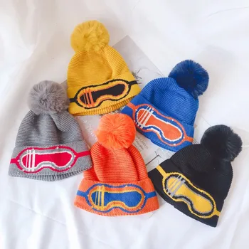 

Fashion Children's Hat Unisex Autumn Winter Wool Knitted Plush Ball Decoration Glasses Pattern Hat All-match Warm Hat