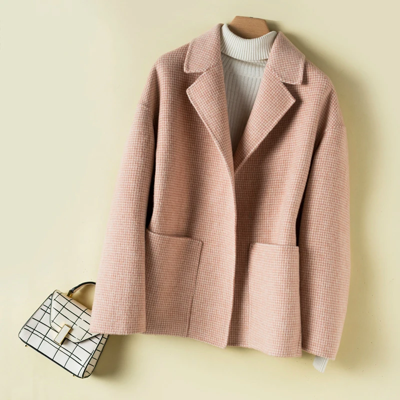 

Plaid Wool Coat Women 2020 Short Autumn Winter Jacket Fashion 100% Double-sided Wool Coats Abrigos Mujer Elegante knx867