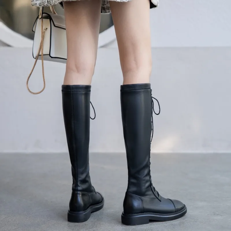Prova Perfetto Winter Black Fashion Women Martin Knee-high Boots Cow Leather Flat Long Boots Women Hand-made Leather Boots