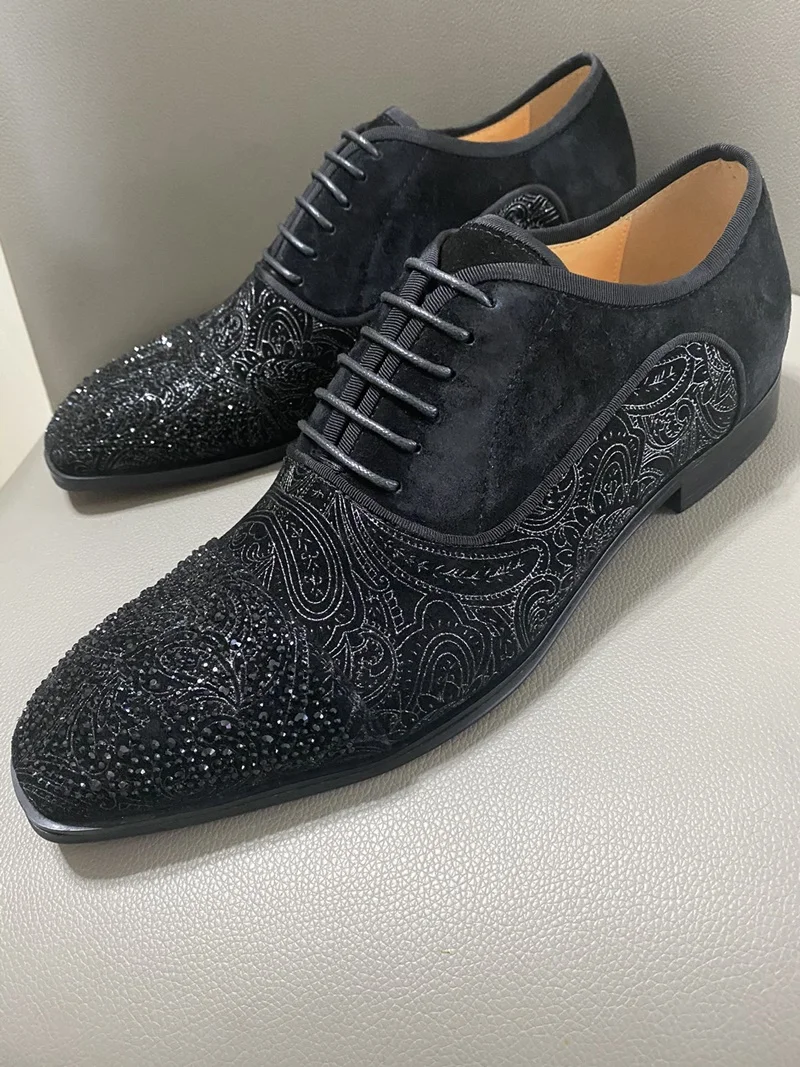 LOUBUTEN Luxury Black Suede Oxford Shoes For Men High Quality Rhinestone Dress Shoes Lace-up Red Bottom Party And Wedding shoes