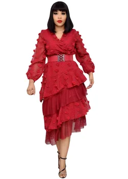 

2020 summer fashion style african women v-neck polyester long sleeve red dress