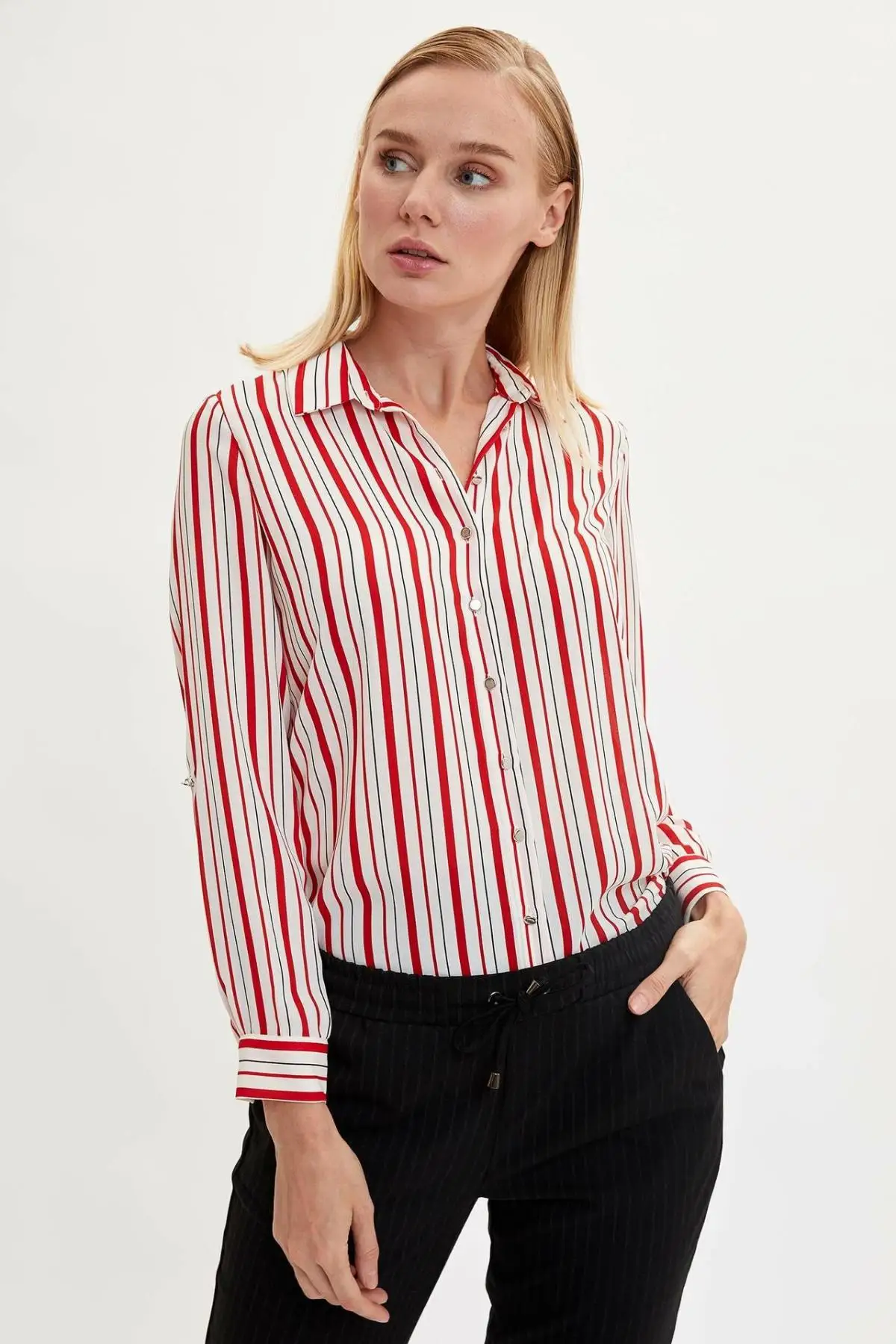DeFacto Woman Fashion Long Sleeve T-shirt Ladies Elegant Lapel Striped Loose Shirts Joker Autumn - K1399AZ19AU | Женская одежда