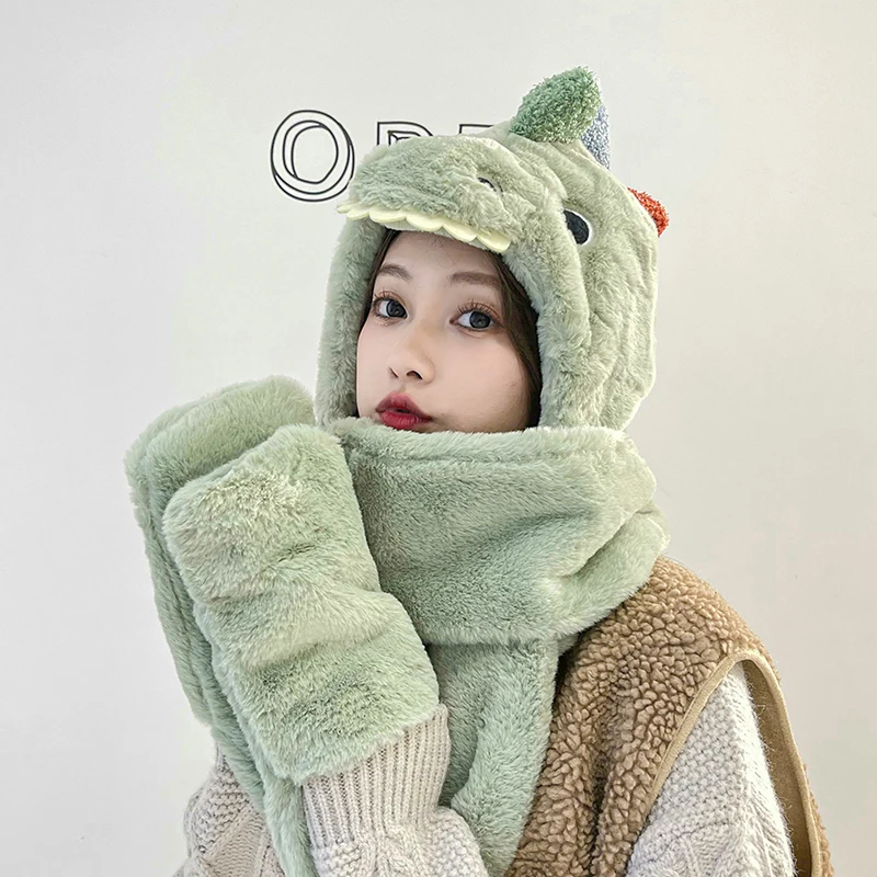 

2021 women fashion Cute Cartoon dinosaur HatImitation mink Cap girl Winter Warmth Thickened with Scarf gloves one-piece hat
