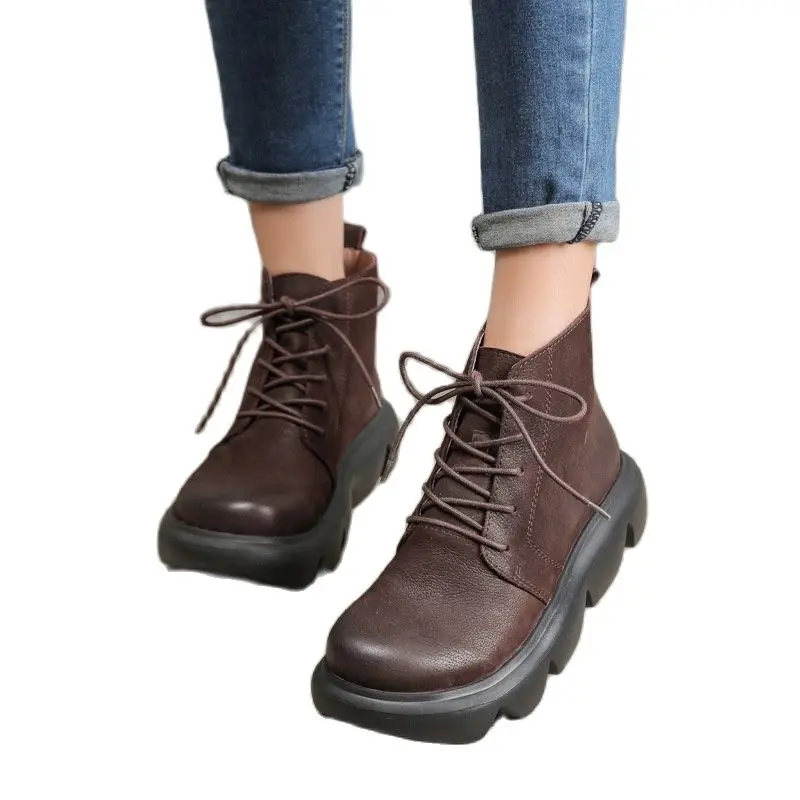 

208-1 Inside and Outside Full Leather Platform Martin Boot Retro Artistic Round Lace-up Muffin Thick Bottom Cowhide Female Boots