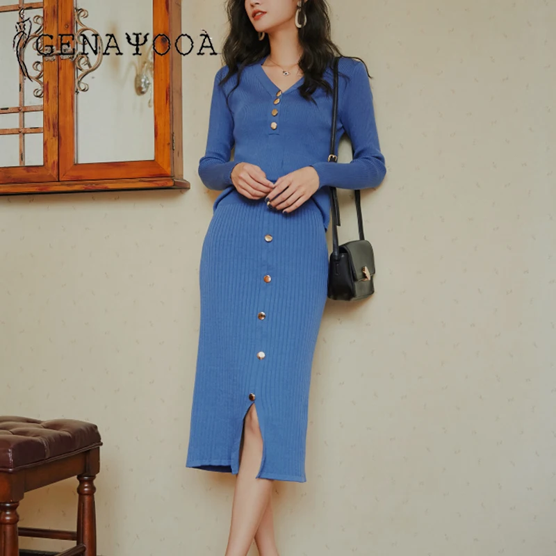 

Genyaooa High Quality Two Piece Set Elegant Knitted 2 Piece Set Women Vintage Two Piece Skirt Set Elastic Female Set 2019