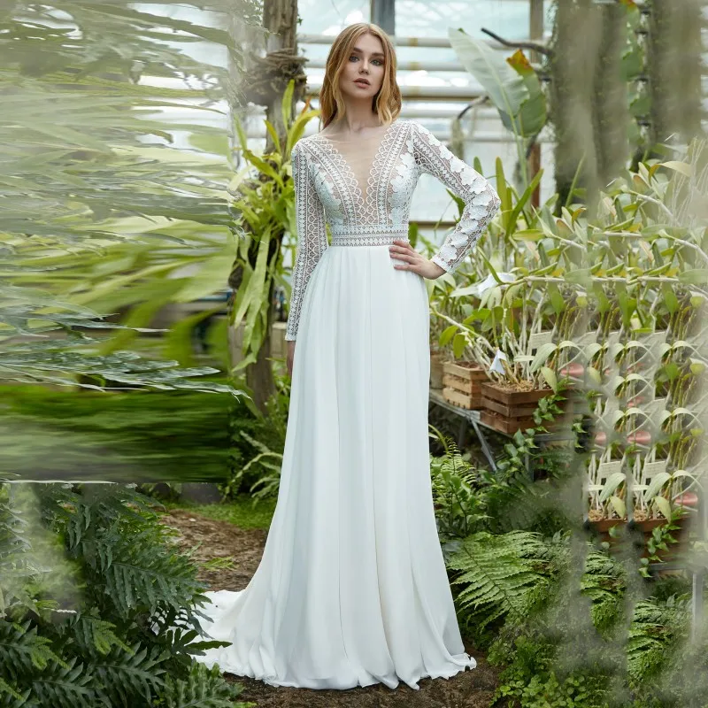 

Thinyfull New Arrival Boho Long Sleeve Wedding Dresses O Neck A Line Floor Length Bridal Gown Lace Appliques Vestido De Novia