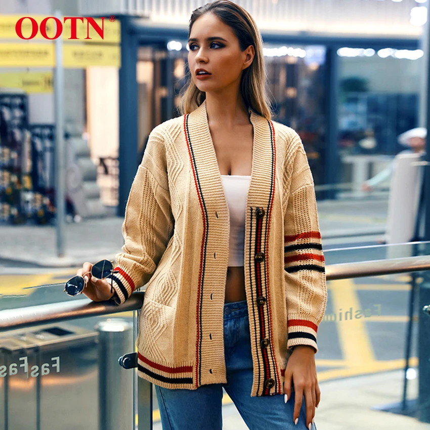Женский кардиган средней длины с цветными блоками OOTN, верхняя одежда с длинным рукавом, однобортное женское вязаное пальто, Свободный Повседневный зимний свитер