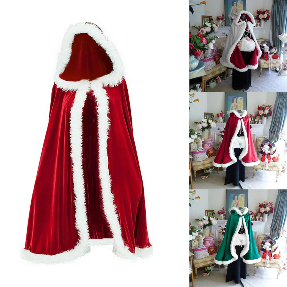Pervobs Merry Christmas Womens Cloak Family Matching Velvet Christmas Hooded Cape Santa Coat