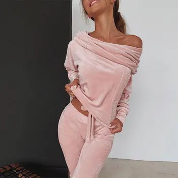 

Lslaica Solid Slash Neck Long Sleeve Two Piece Set Drawstring Off Shoulder Women Tracksuit Bodycon Long Pants Women Suits
