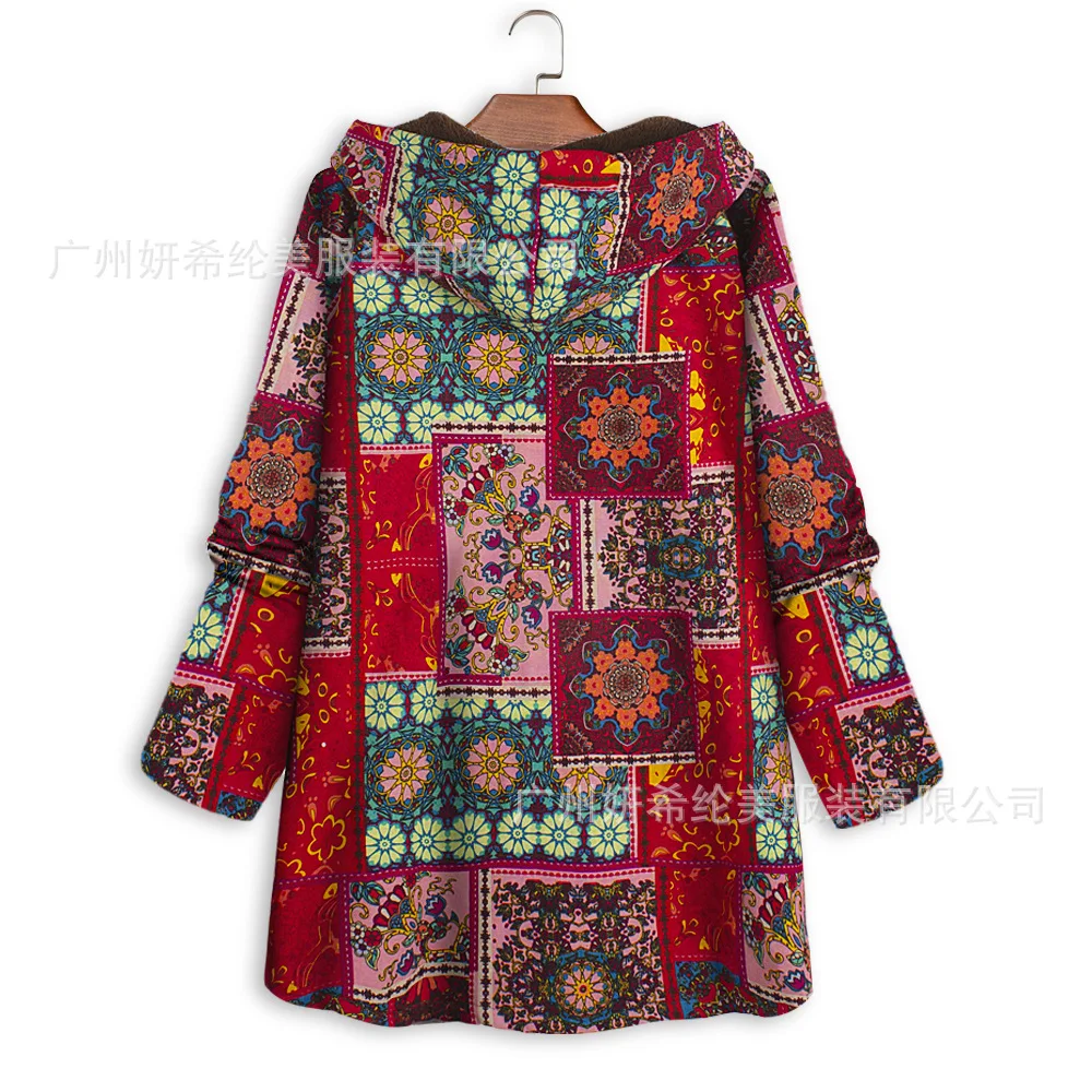 

2019 Europe And America Hot Selling Autumn And Winter Cotton Linen plus Velvet Hooded Middle Long Coat Single Breasted Loose Win