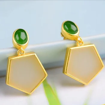 

Natural Hetian white jade geometric Earrings Chinese style retro palace style unique gold craft charm women silver jewelry