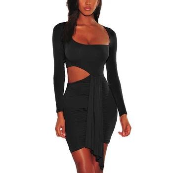 

Bikitique Long Sleeve Wrap Chest Open Waist Hollow Night Club Sexy Dress Women Tight Wrap Hip Belt Party Dress Bodycon Dress
