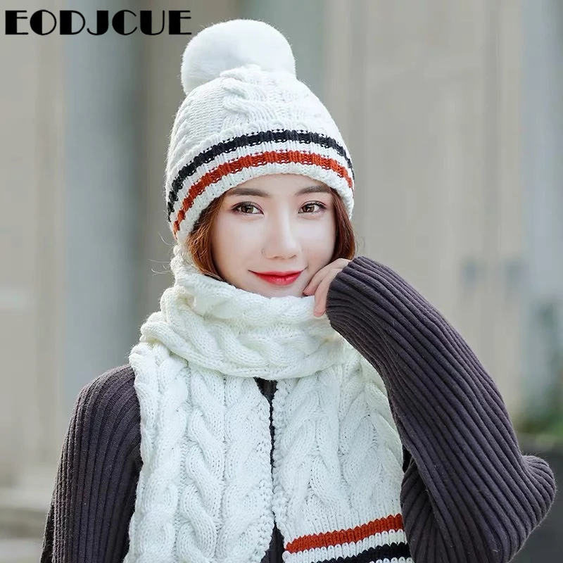 Winter Hats For Women Wool Knitted Hat Scarf Two Pieces Set Fashion Girl Pom Poms Ball Beanie Caps Female Ski Hat