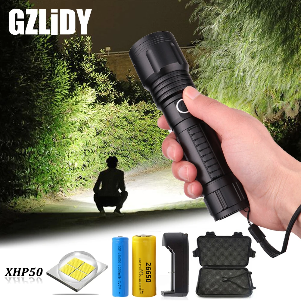 

Powerful LED Flashlight Use XHP 50 Lamp Beads 5 Lighting Modes Zoomable Waterproof Torch Lighting Distance Is Greater Than 300M