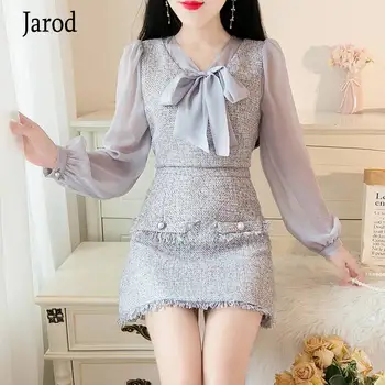 

2020 Autumn Winter Women's Two-Piece Set Tweed Sweet Bow-Knot Chiffon Long-Sleeved Crop Top + tassel Mini Skirt Lady Suit