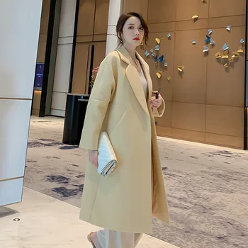 

2020 Autumn And Winter New Korean Fashion Ladies Coat Lapel Solid Color Long Casual Dark Buckle Straight Wool Coat Female