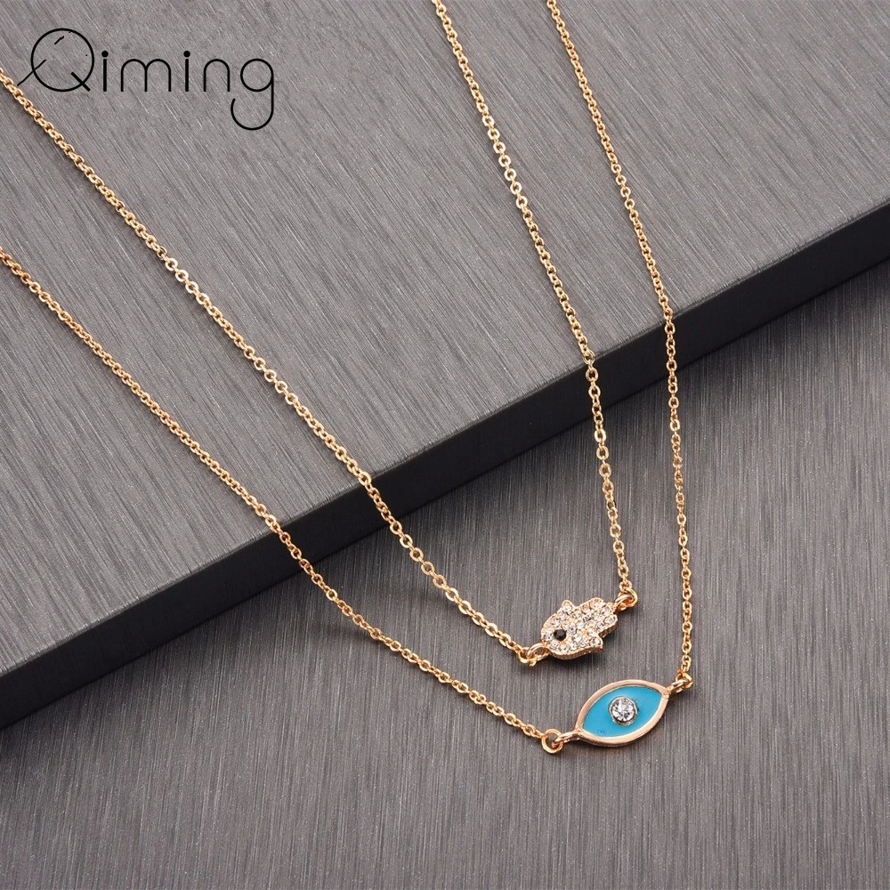 

Blue Green Evil Eye Necklace Women Layered Tibetan Jewelry Accessories CZ Crystal Hamsa Hand Pendant Delicate Necklace Gift