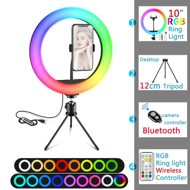 12in 30cm Selfie Ring Light RGB Tripod Phone Stand Holder Photography RingLight Circle Fill Light Led Color Lamp Trepied Makeup 10in RGB Type 7