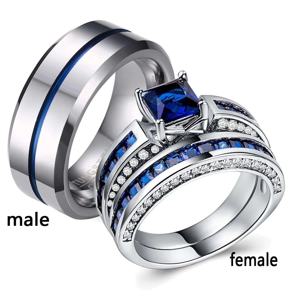 Two Rings Couple Tungsten Steel Men's White Gold Filled Princess cut CZ Sapphire Women's Wedding Ring Sets | Украшения и