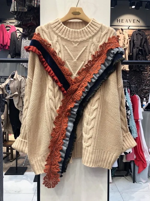 Neploe Pull Femme Twist женский пуловер свитер с кружевными оборками в стиле пэчворк вязаный Топ с длинным рукавом и круглым вырезом корейский пуловер Джемпер 56028 - Цвет: creamy white apricot