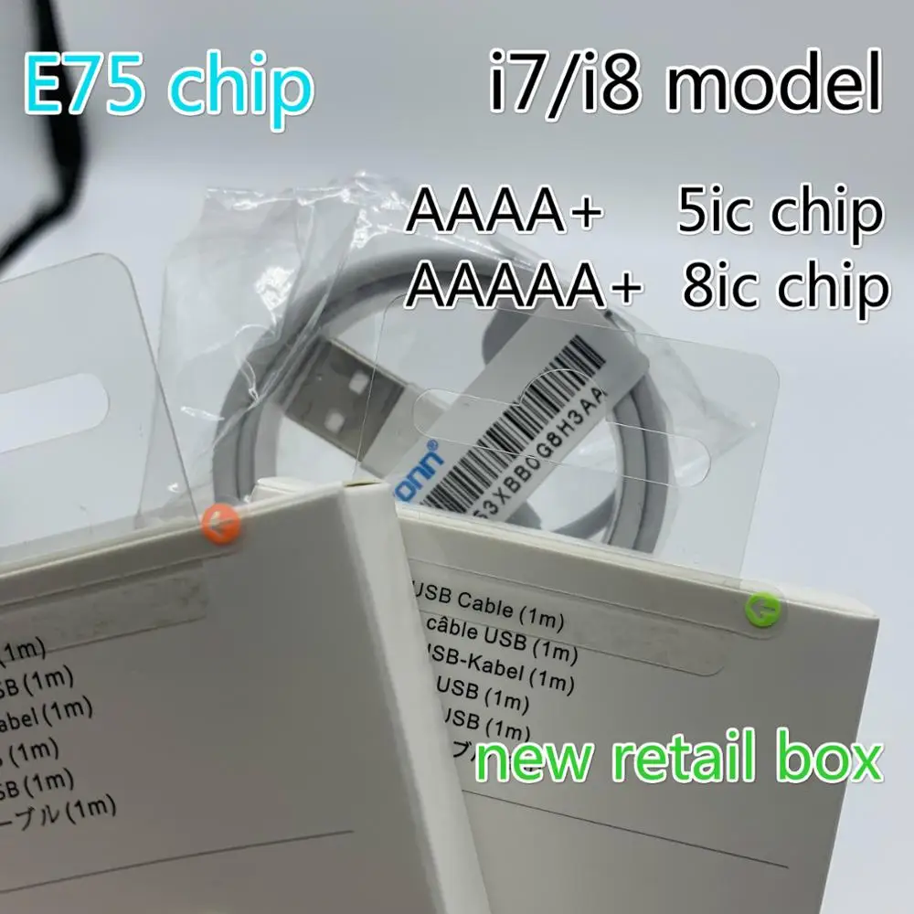 

10Pcs/AAAAA 5ic/8ic chip 1m/3ft E75 Chip i7/i8 model Data USB charger Cable for i5 6 7 8 plus X XS MAX XR with retail packaging