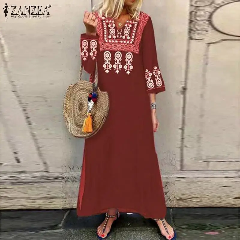 

Plus Size 2019 Autumn Summer Long Dress Women ZANZEA Vintage Maxi Vestidos Bohemian Floral Print Slit Tunic 3/4 Sleeve V-Neck