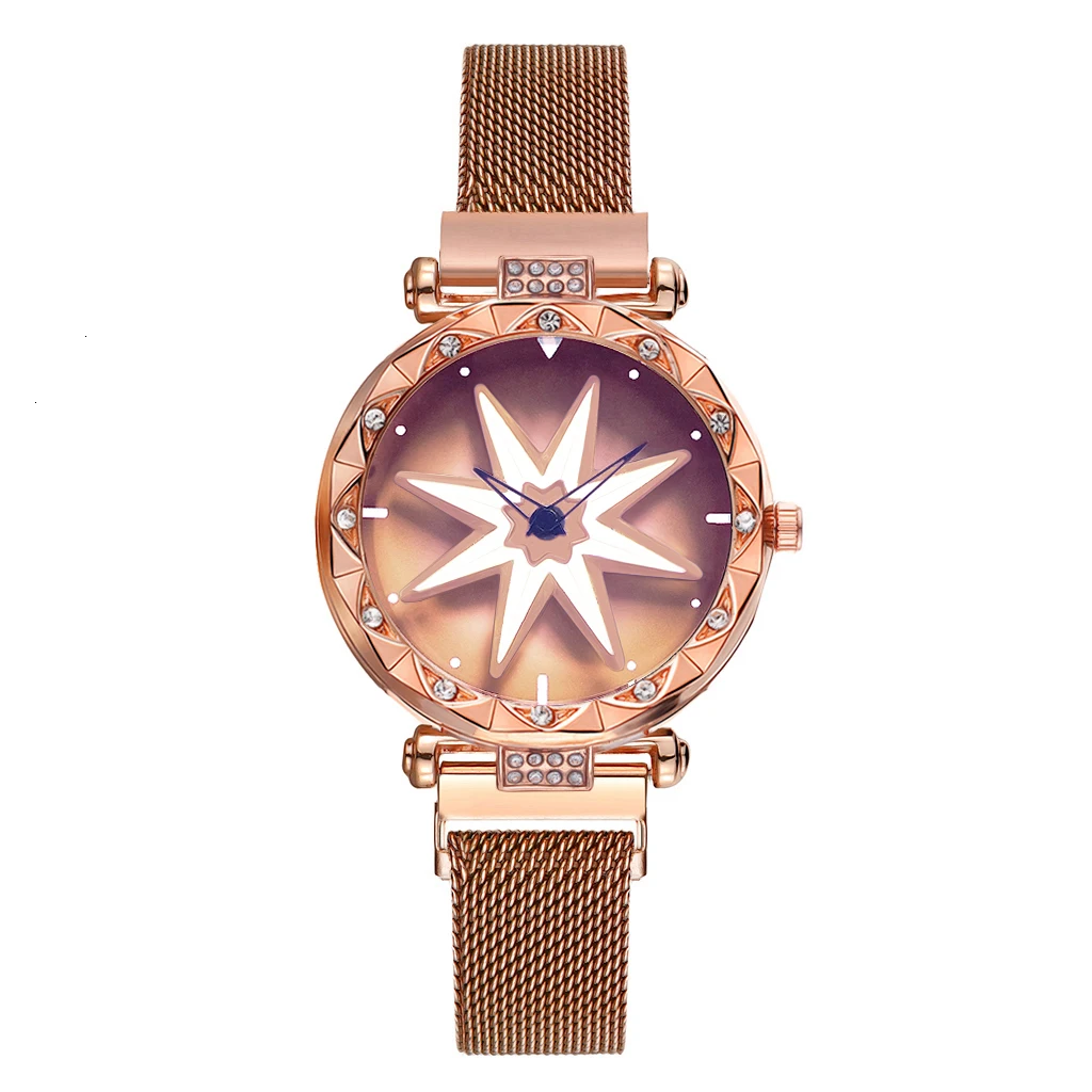Лидер продаж, женские часы с магнитной пряжкой, вращающиеся в виде цветка, роскошные женские кварцевые часы из нержавеющей стали, часы Relogio Feminino