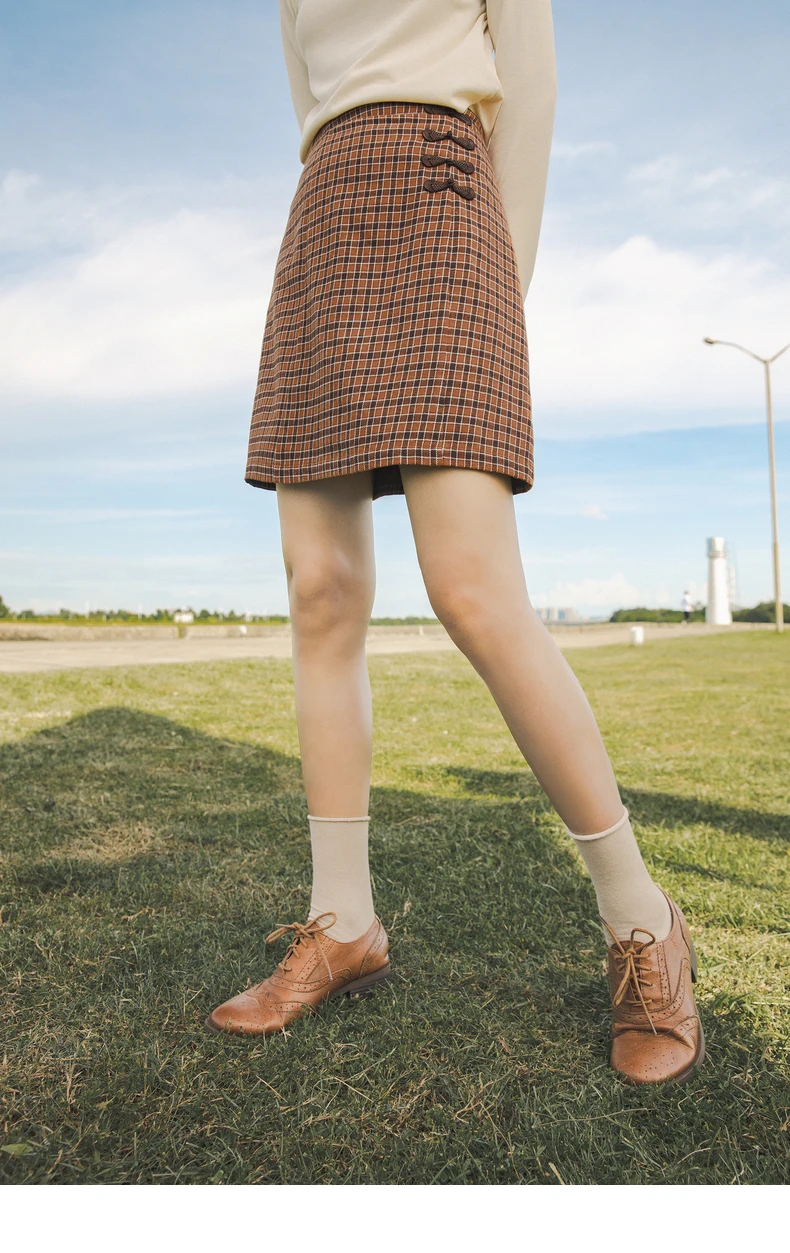 INMAN 2020 Autumn Winter New Arrival Plaid Skirt Literary Zipper A-line Pure Cotton Retro Womens Skirt