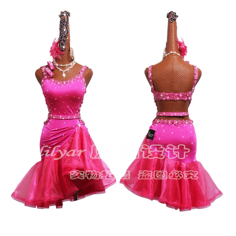 

New Latin Dance Dress Latin Skirt Competition Dress Costumes Performing Dress Sparkly Rhinestone Pink Embroidered Fishbone skirt