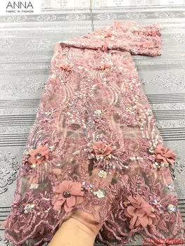 

Anna 2020 high quality embroidery skin pink african 3d applique lace fabric 5 yards/pcs french net lace sequins fabric for dress