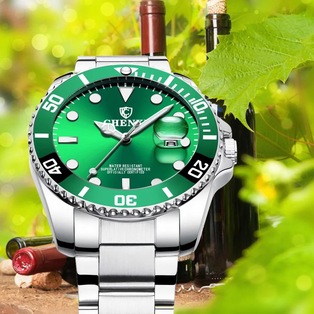 CHENXI Роскошные Серебристые мужские часы зеленого цвета из нержавеющей стали, японские мужские водонепроницаемые повседневные деловые мужские спортивные наручные часы