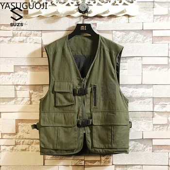 

YASUGUOJI Outdoor Men's Tactical Fishing Vest jacket man Safari Jacket Multi Pockets Sleeveless travel Jackets 5XL 6XL 7XL