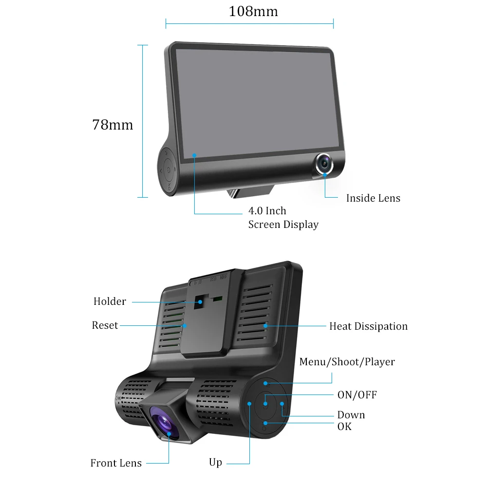 AMPrime 4 ''трёхполосный Автомобильный видеорегистратор FHD с тремя объективами, видеокамера 170, широкоугольный видеорегистратор, g-сенсор и видеокамера ночного видения