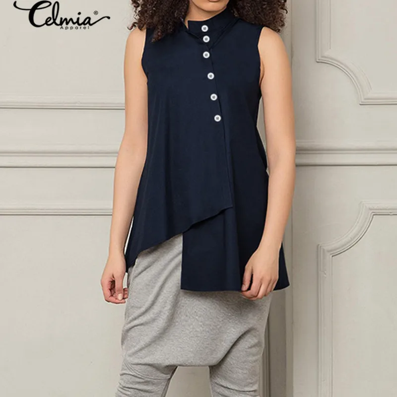

2020 Summer Asymmetrical Shirt Celmia Women Sleeveless Female Tops Blouses Buttons Vintage Casual Loose Work Blusas Femme 5XL