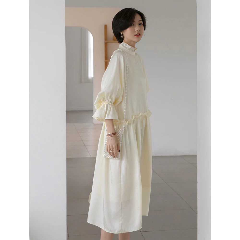 Stand Collar Women Dress Korean Style Solid Color Cotton Ladies Dress Autumn and Winter New Women Clothing L946