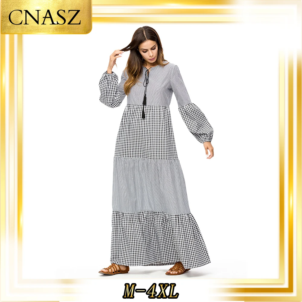Abaya Дубай Musulman Robe минималистичное платье в полоску с большими клетчатыми строчками платье с рукавами-фонариками