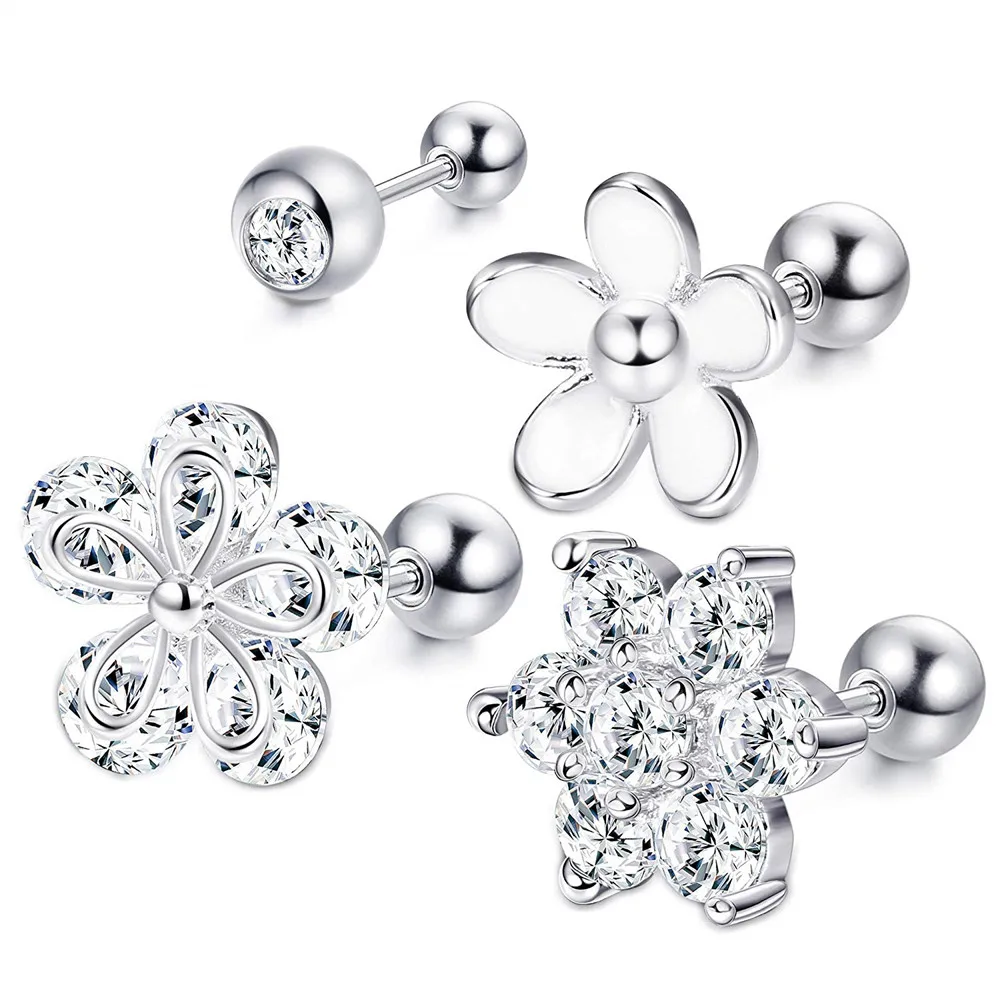 4 шт. пирсинг для тела, женские серьги в форме цветочных шариков, ушной хрящ для пирсинга из циркония, серебряные хирургические серьги из нержавеющей стали